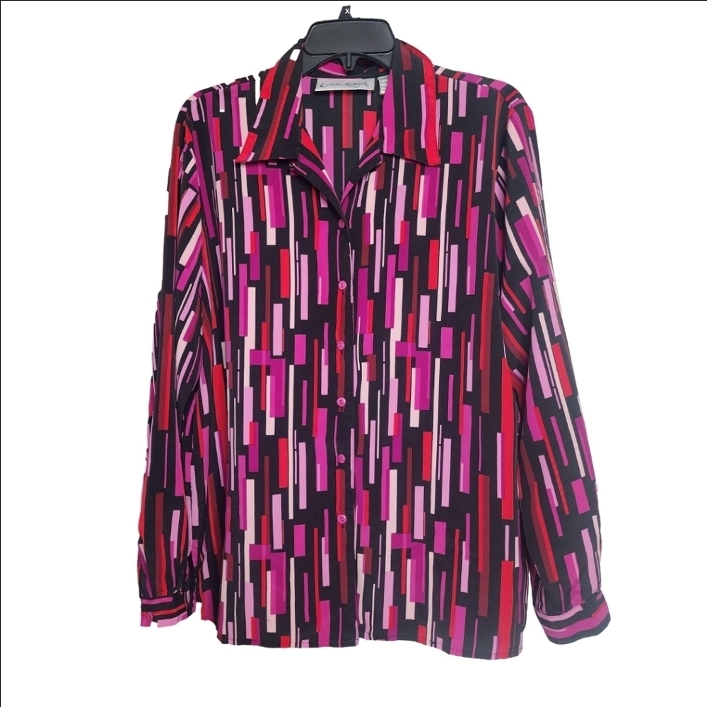Vintage Abstract Pink And Long Sleeve Blouse, Claudia Richard, Size 16. Like New
